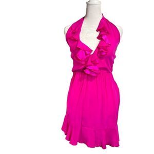 Amanda Uprichard 100% silk hot pink fuscia mini halter dress w/ ruffle - XS